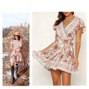 NWT Wrap V Neck Bohemian Floral Print Ruffle Swing A Line Beach Mini Dress